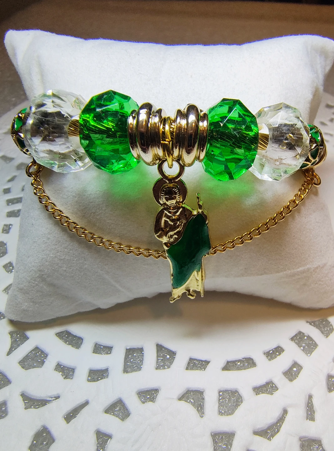 Gold plated 14k Religious Saint Charm Bracelet with Green Beads - photo 2