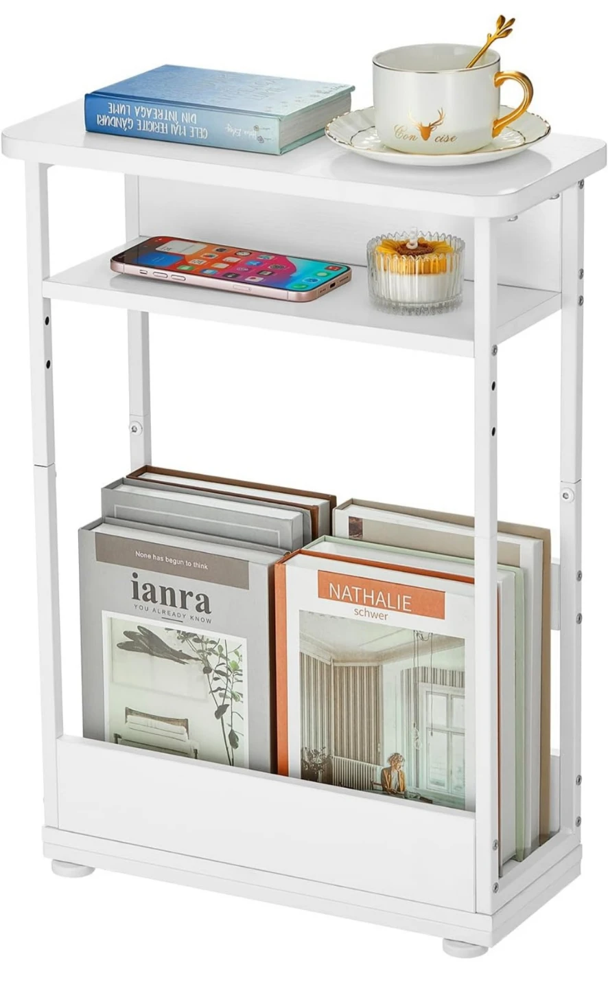 Slim White Side Table with Shelves