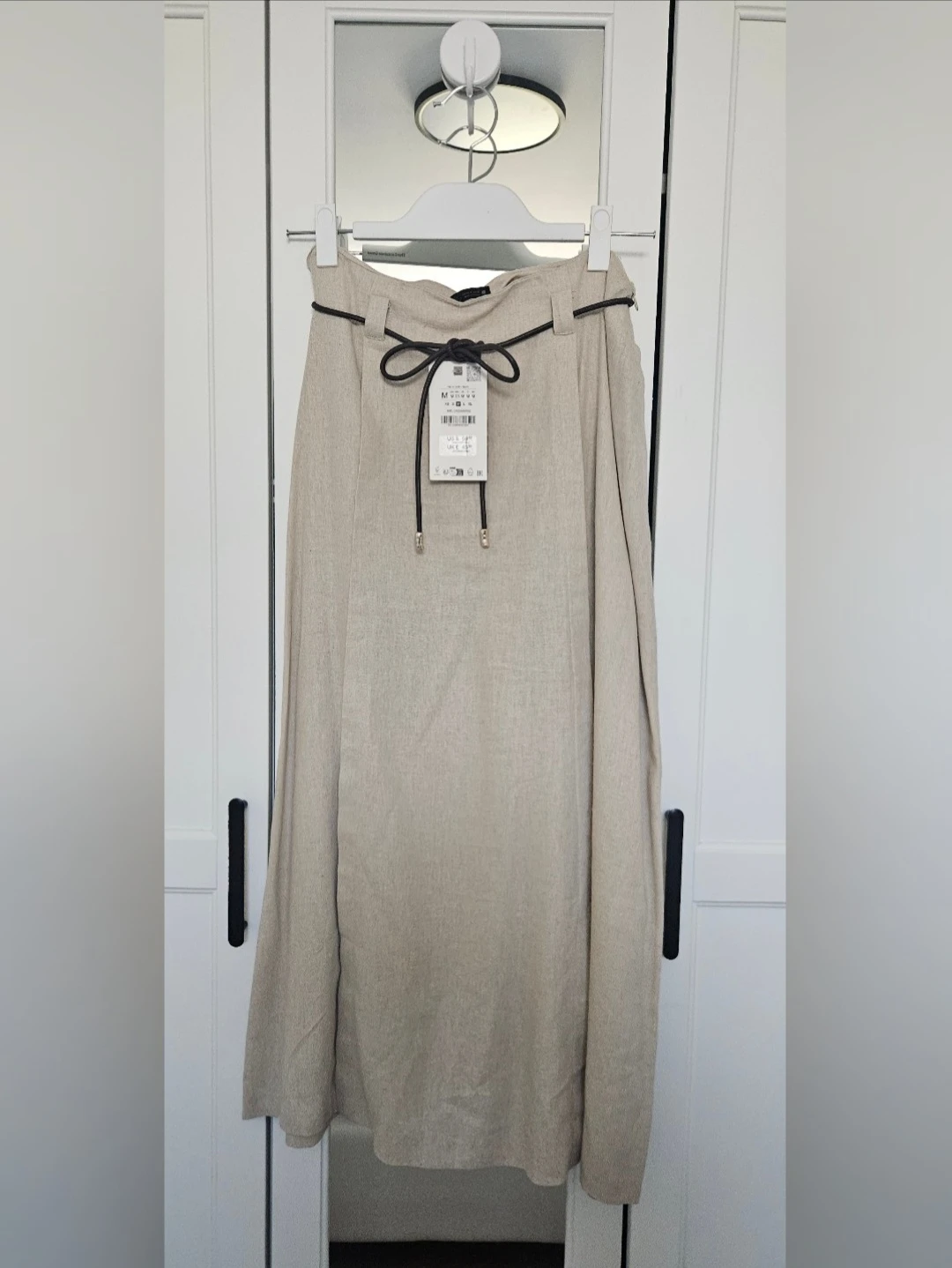 Zara Linen Blend Belted Midi Skirt Beige