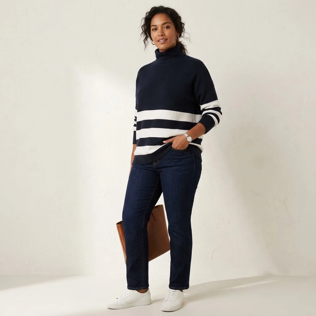 Navy and White Striped Turtleneck Sweater