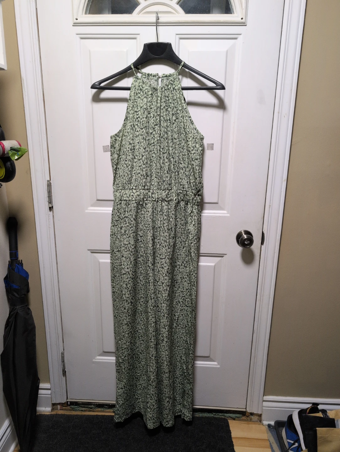 Green patterned halter jumpsuit