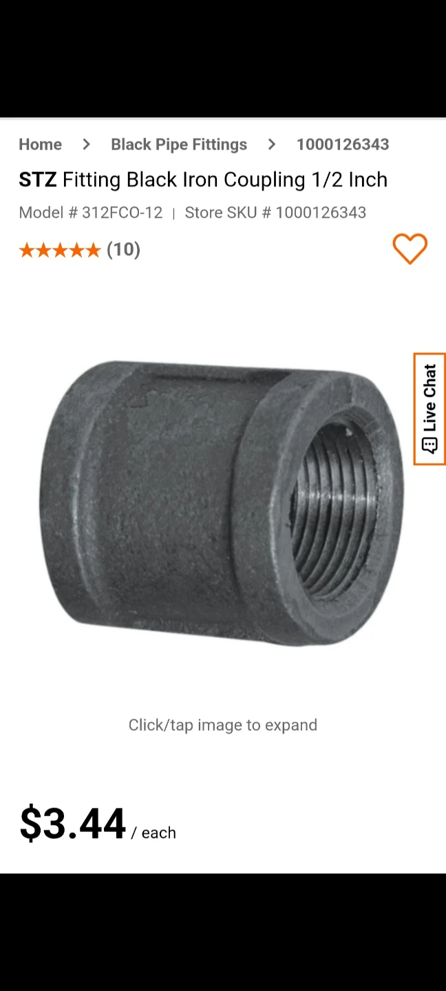 12' (feet) 1/2 Inch Black Iron Pipe/Coupling - photo 2