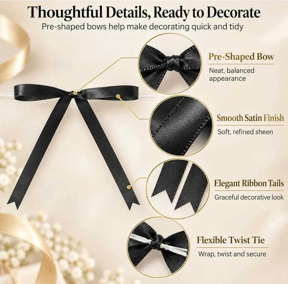 50 Pre-Shaped Satin Twist-Tie Bows - Black - photo 3