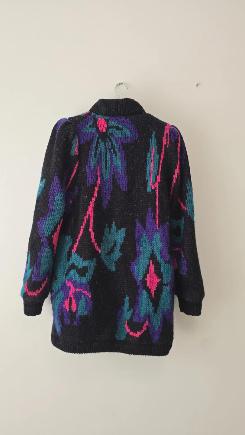 1980s Vintage Floral Knit Cardigan - Black, Pink and Teal - photo 2