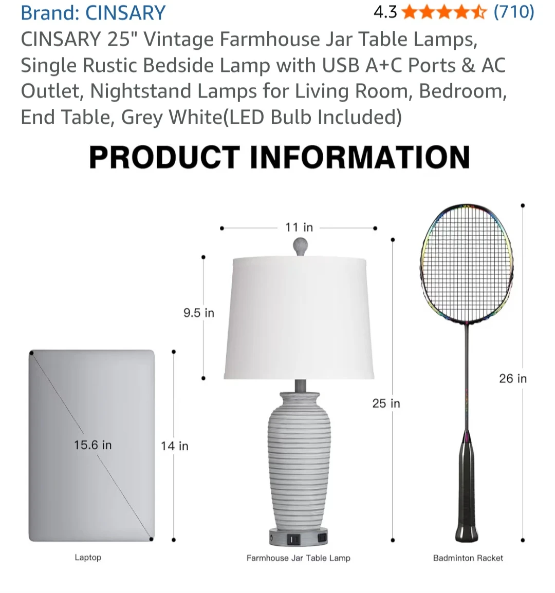 CINSARY 25" Vintage Farmhouse Table Lamp - photo 3