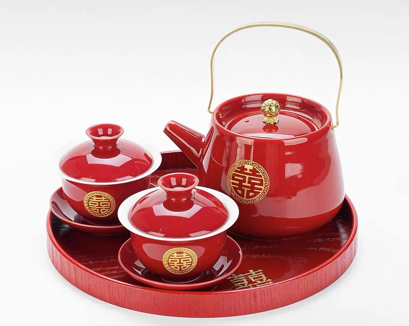 Traditional Chinese Wedding Red Ceramic Tea Set