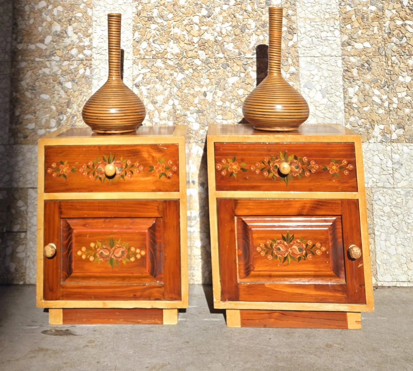 Pair Of Vintage Walnut Nightstands With Flower Theme - photo 3