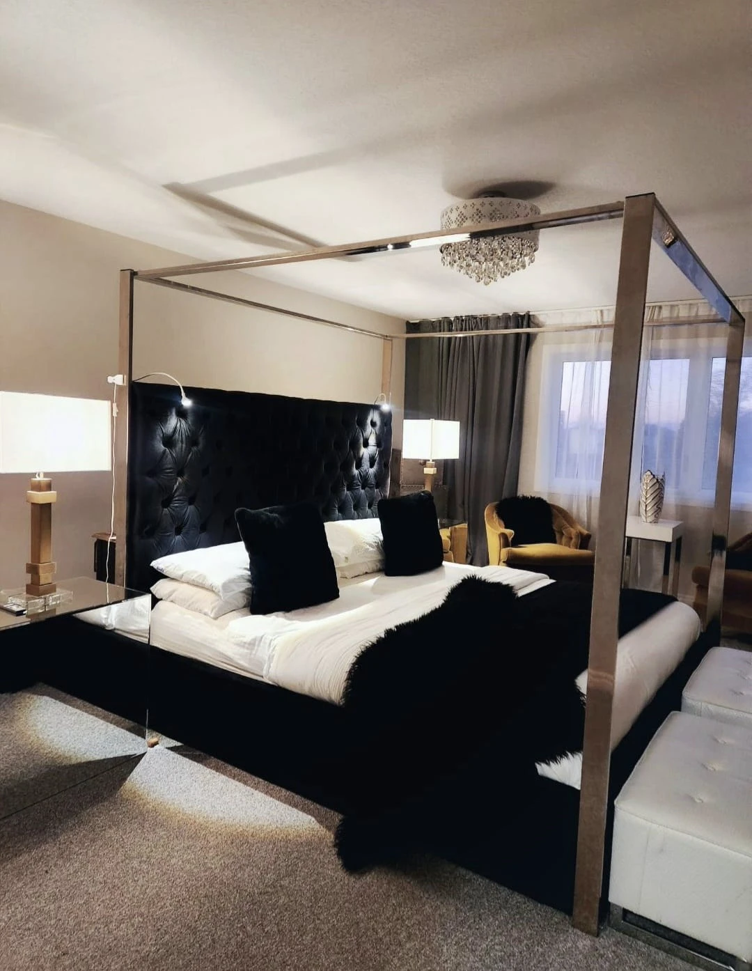 Chrome Canopy Bed Frame with Black Tufted Headboard