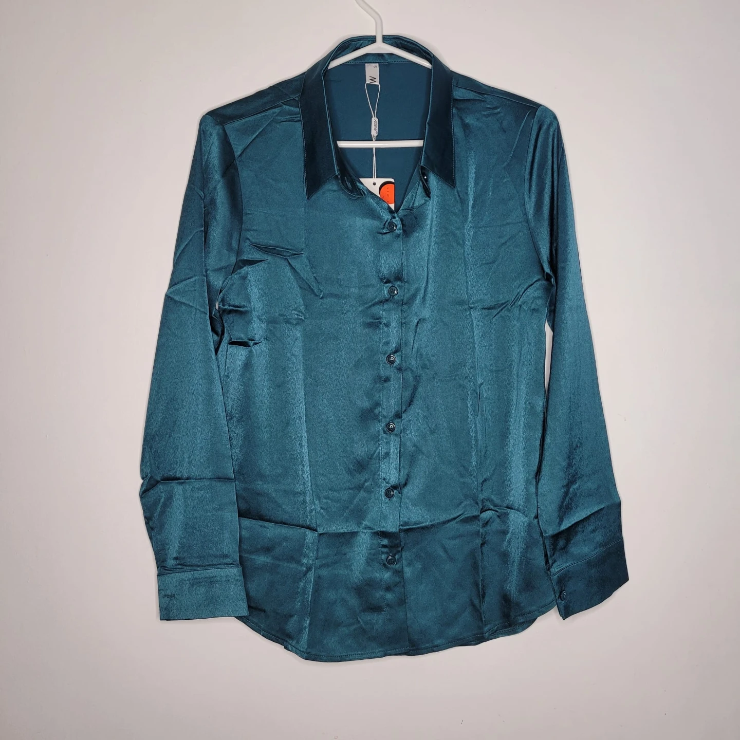 Aisew Satin Long Sleeve Blouse - Green - Small