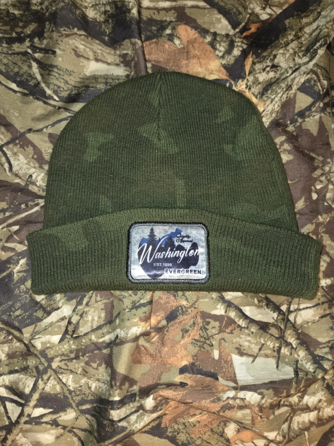 Washington Evergreen Camo Beenie Hat in an Adult/ One Size