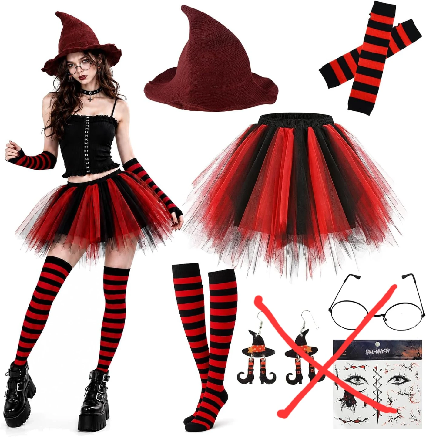 NEW 4Pc Red and Black Witch Halloween Costume  S-M