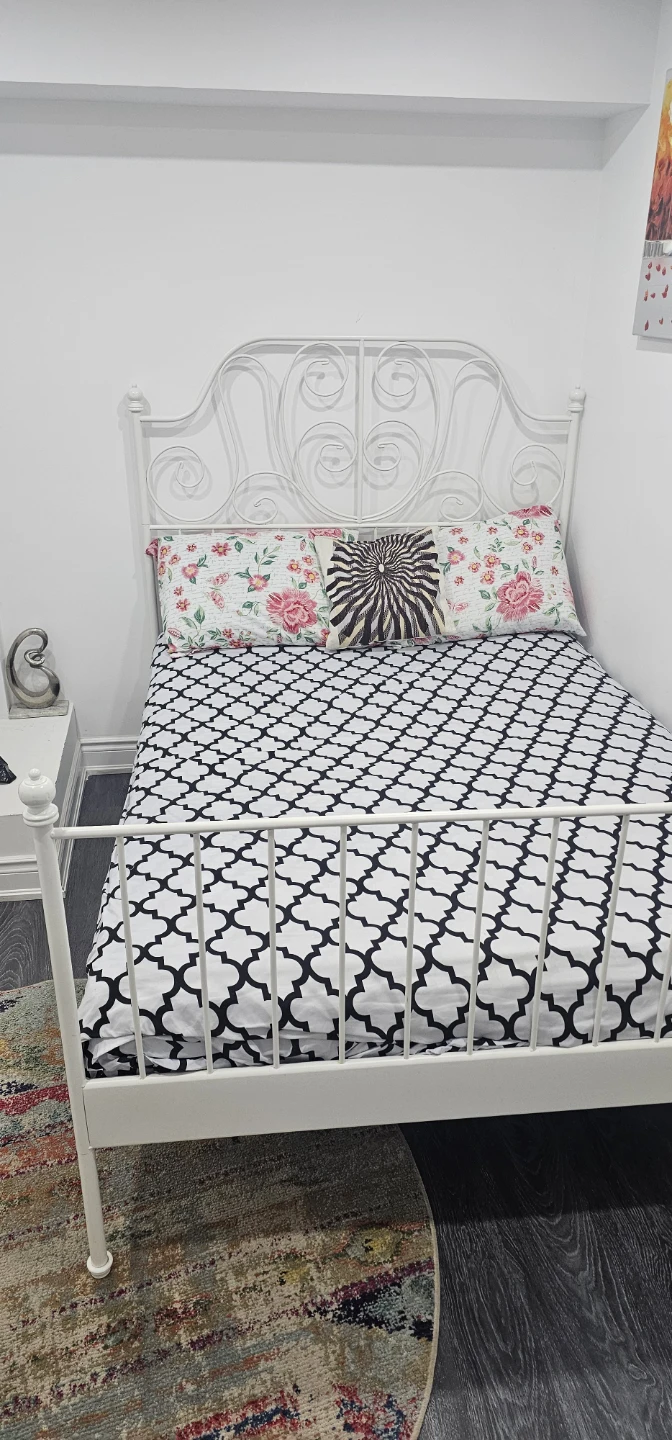 White Metal Double Bed Frame with Headboard and Mattress