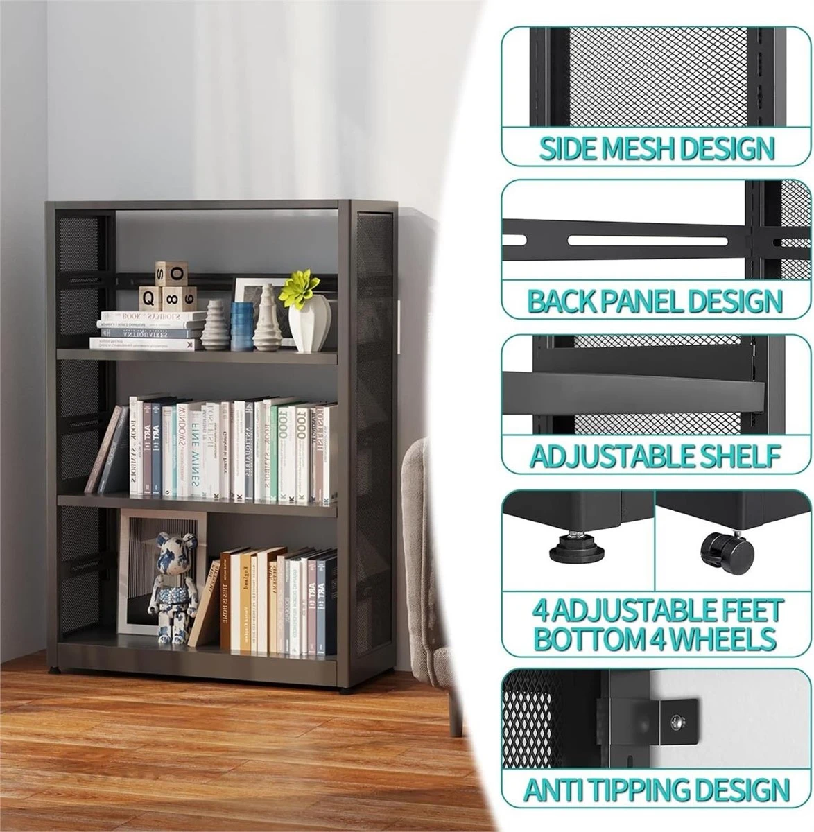 Metal Mesh 3-Shelf Bookcase - Grey - photo 2