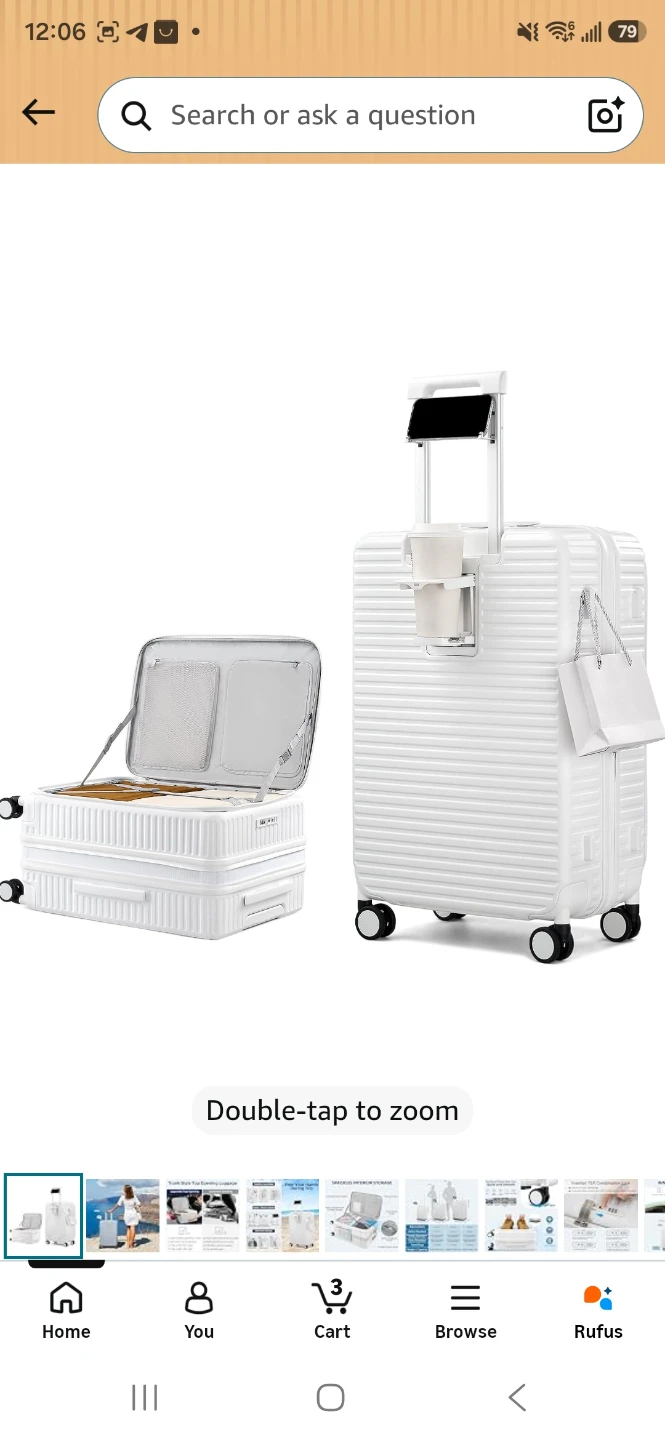 White hard-shell carry-on luggage with cup holder