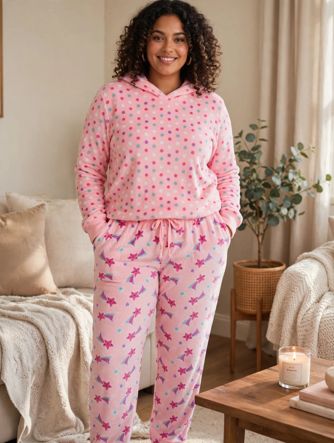 Pink Polka Dot and Star Pattern Pyjama Set
