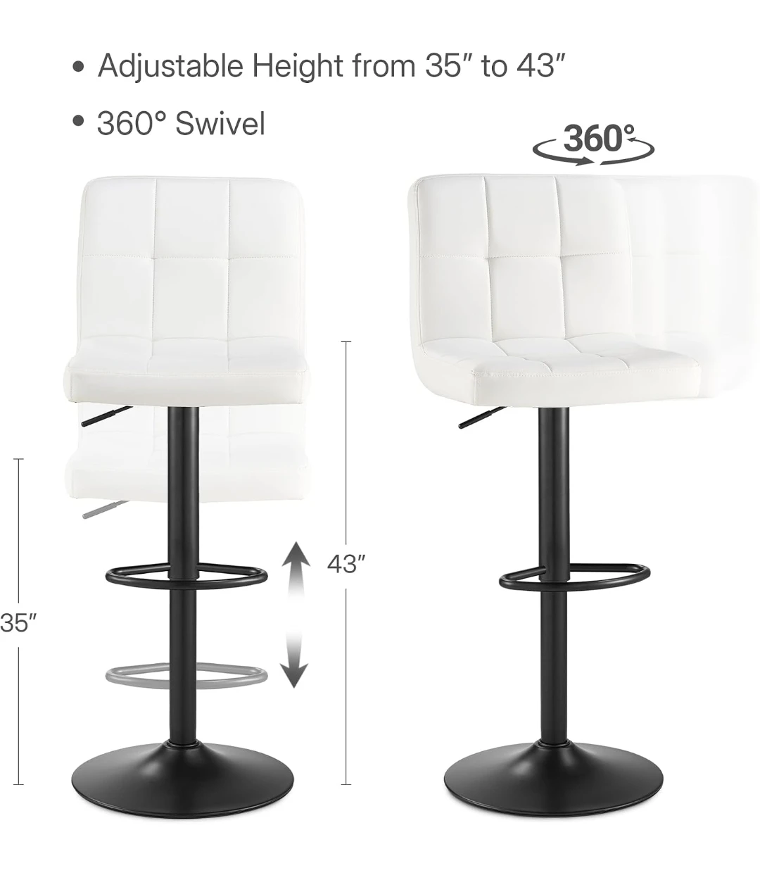 Set of 2 Adjustable Swivel Bar Stools, White - photo 4