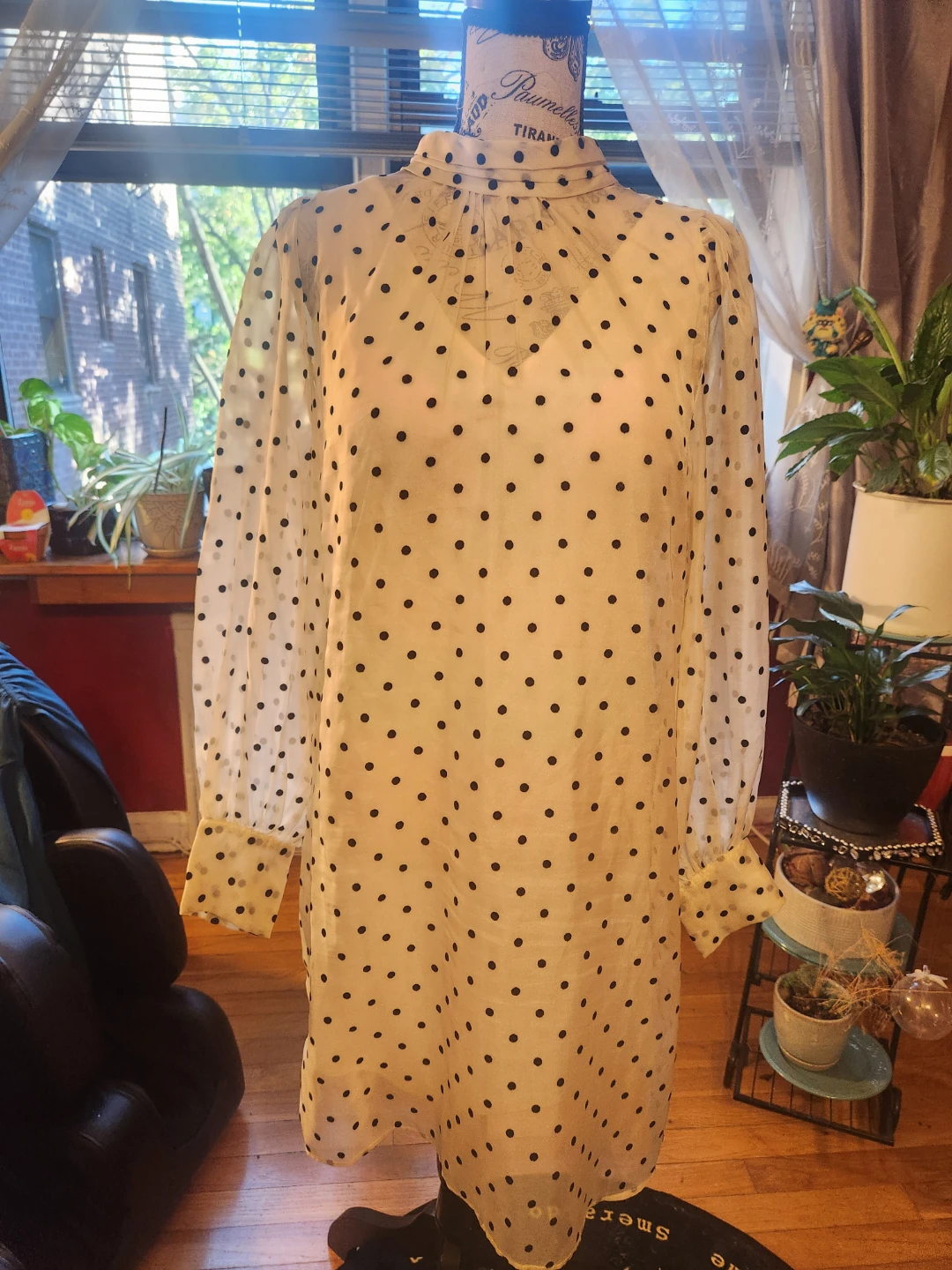 BCBG Ivory  Black Polka Dot Sheer Organza Shift Dress with Slip