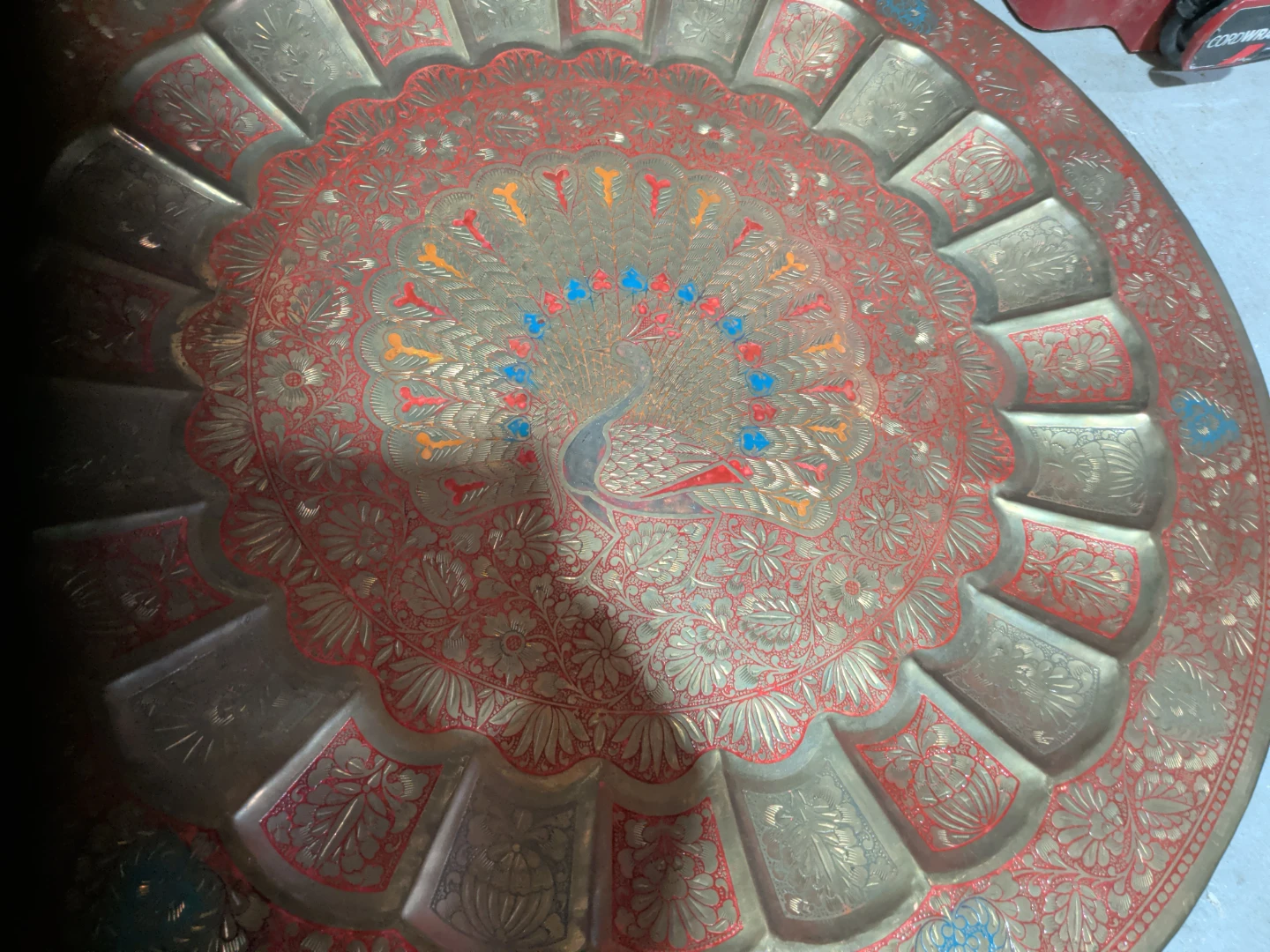 Vintage Hand-Etched Brass Peacock Serving Tray