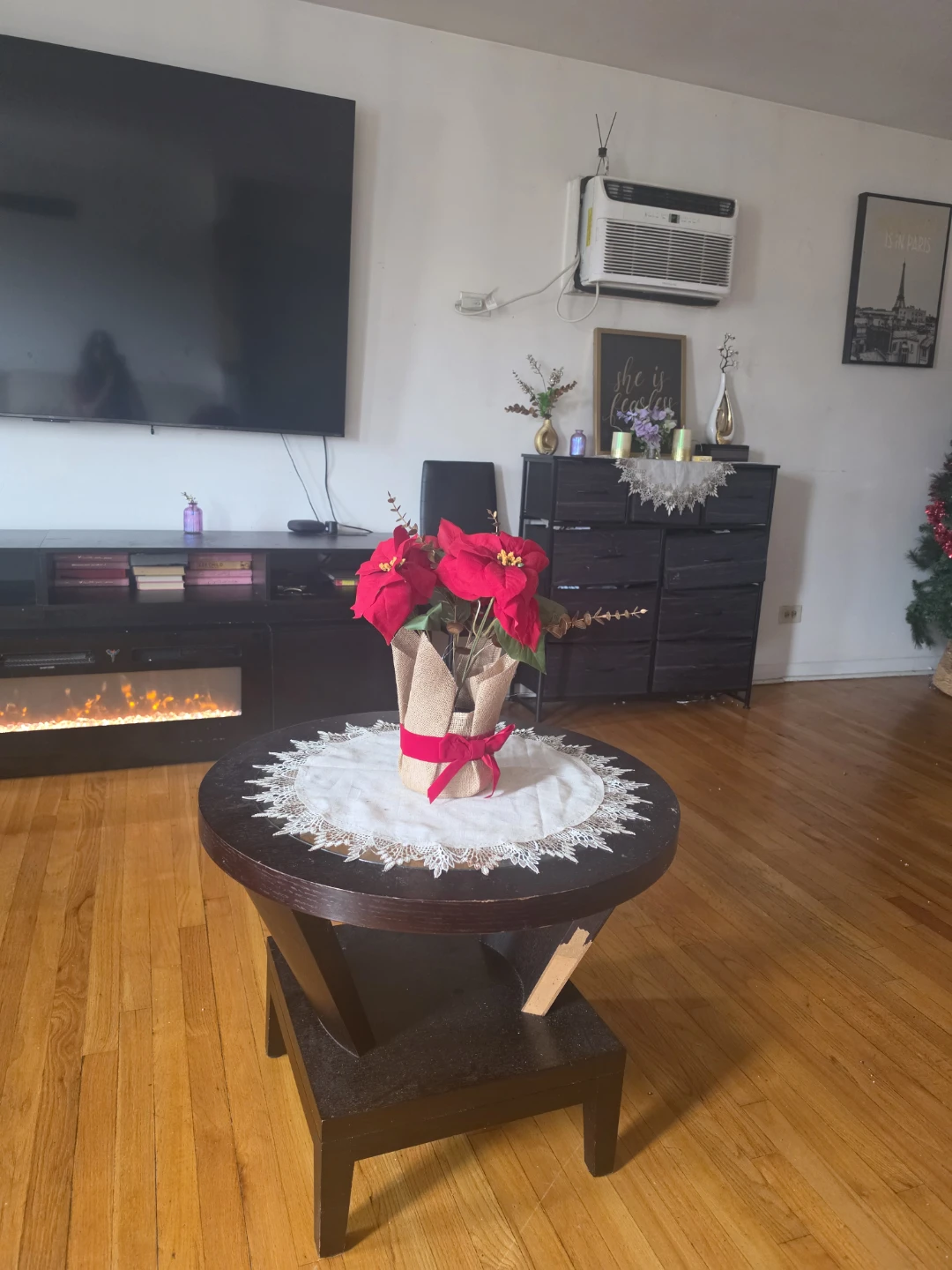Round Wood Accent Table with Glass and Shelf