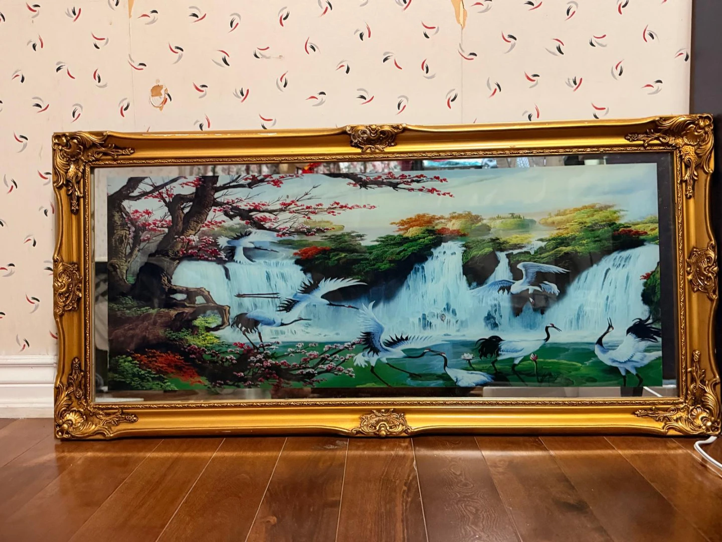 Large Gold Framed Crane and Waterfall Mirror - photo 3