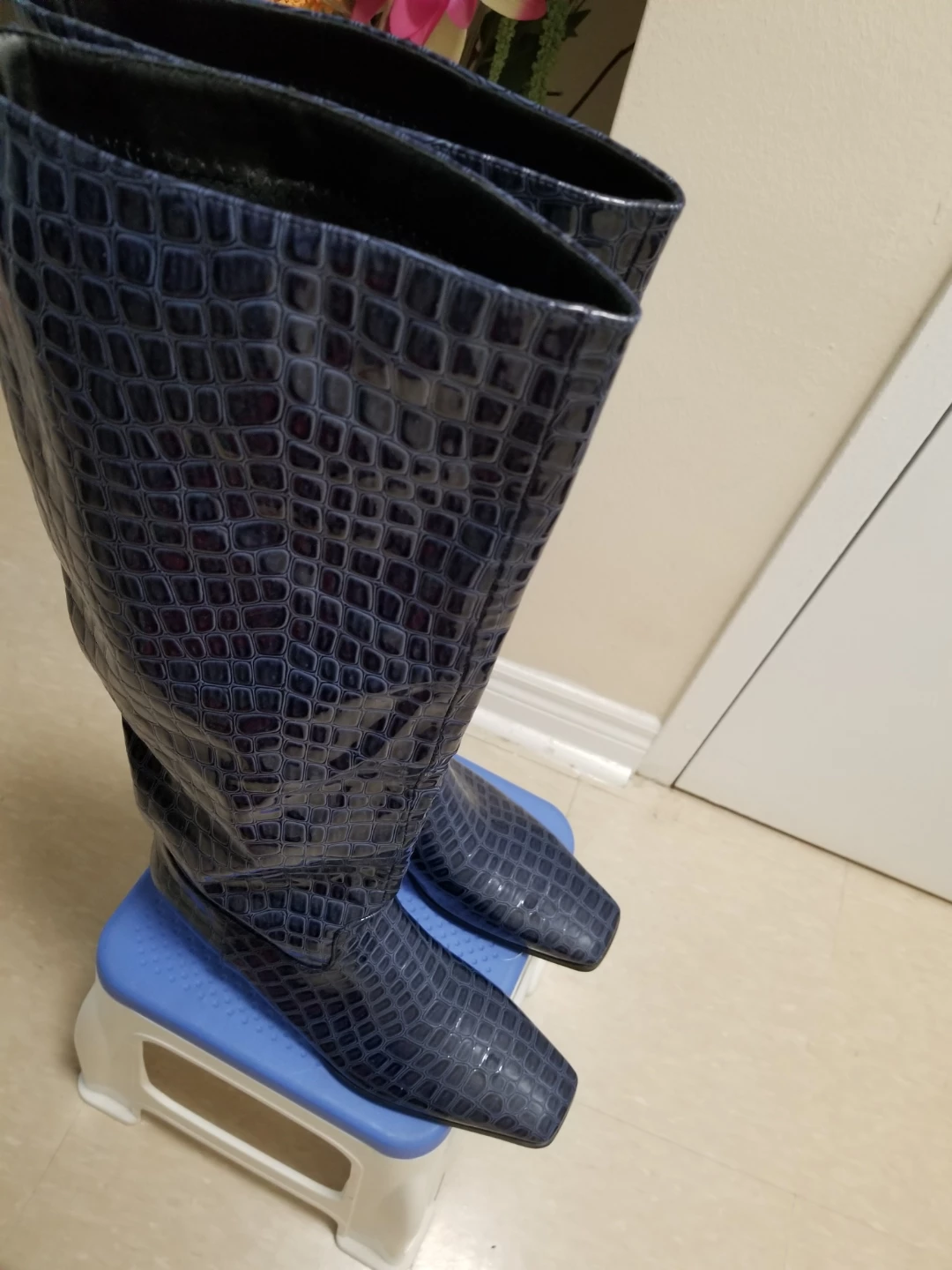 Blue Crocodile Pattern Tall Boots