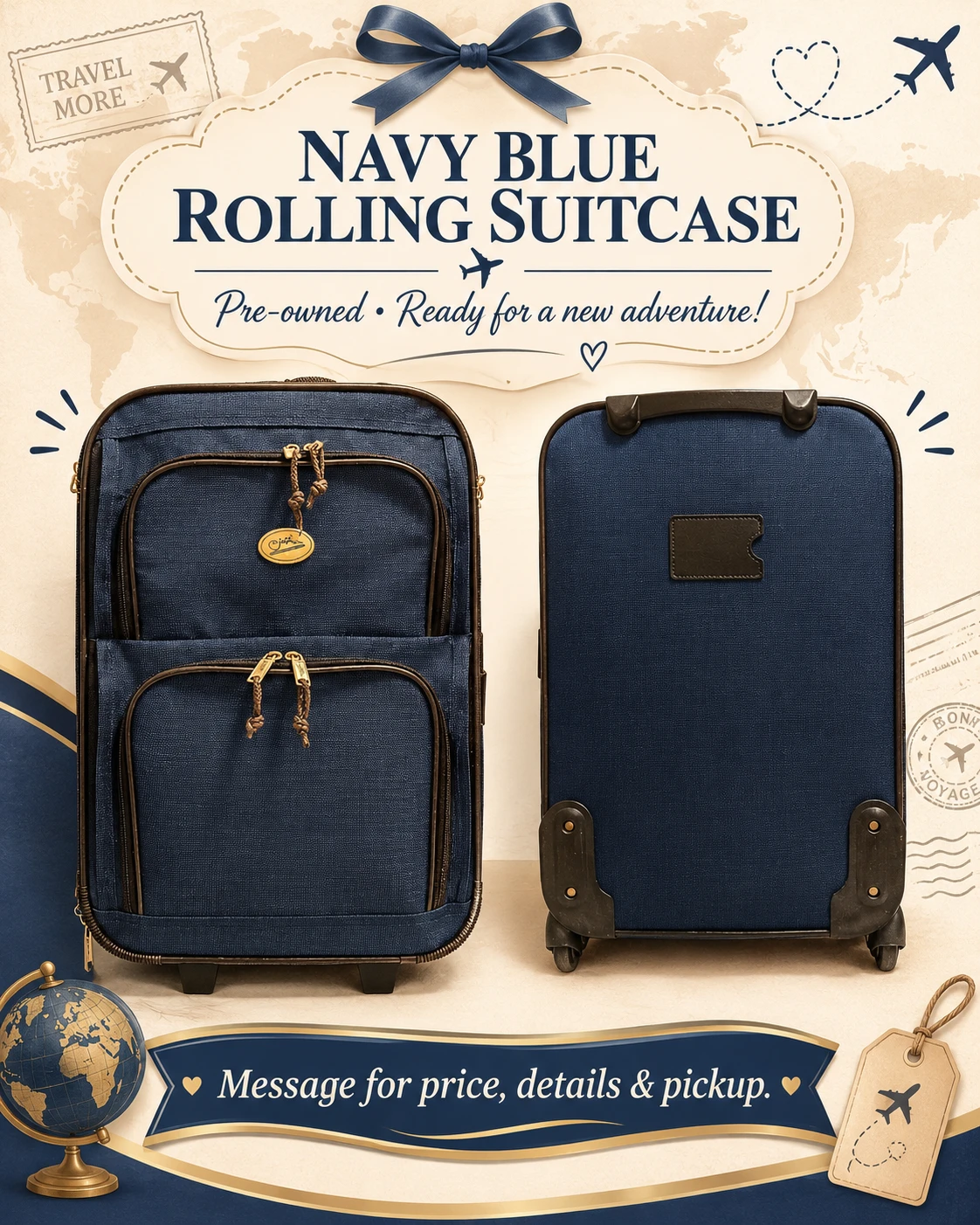 🧳Navy Blue Rolling Zippered Suitcase🧳