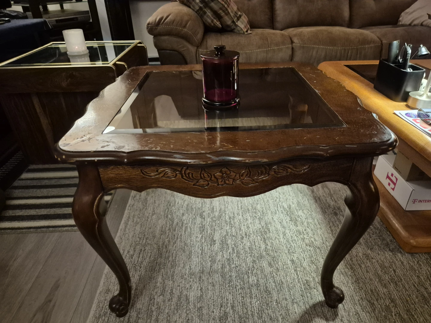 Vintage Style Wood Side Table with Glass Top - photo 2