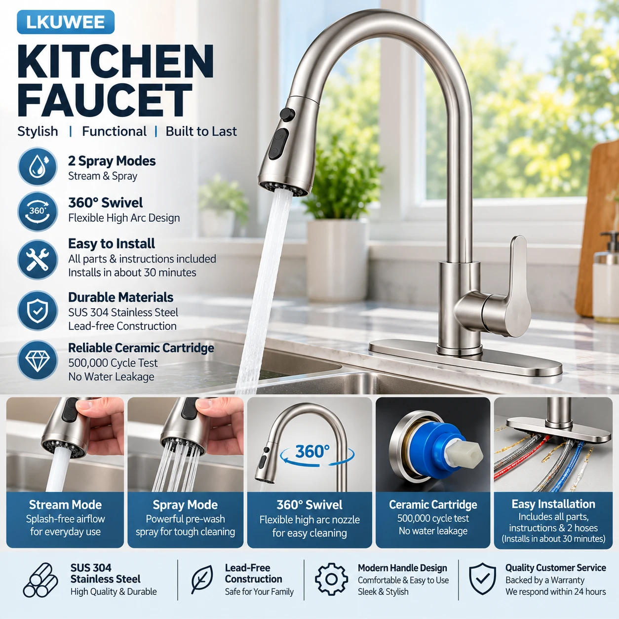 LKUWEE Stainless Steel Kitchen Faucet