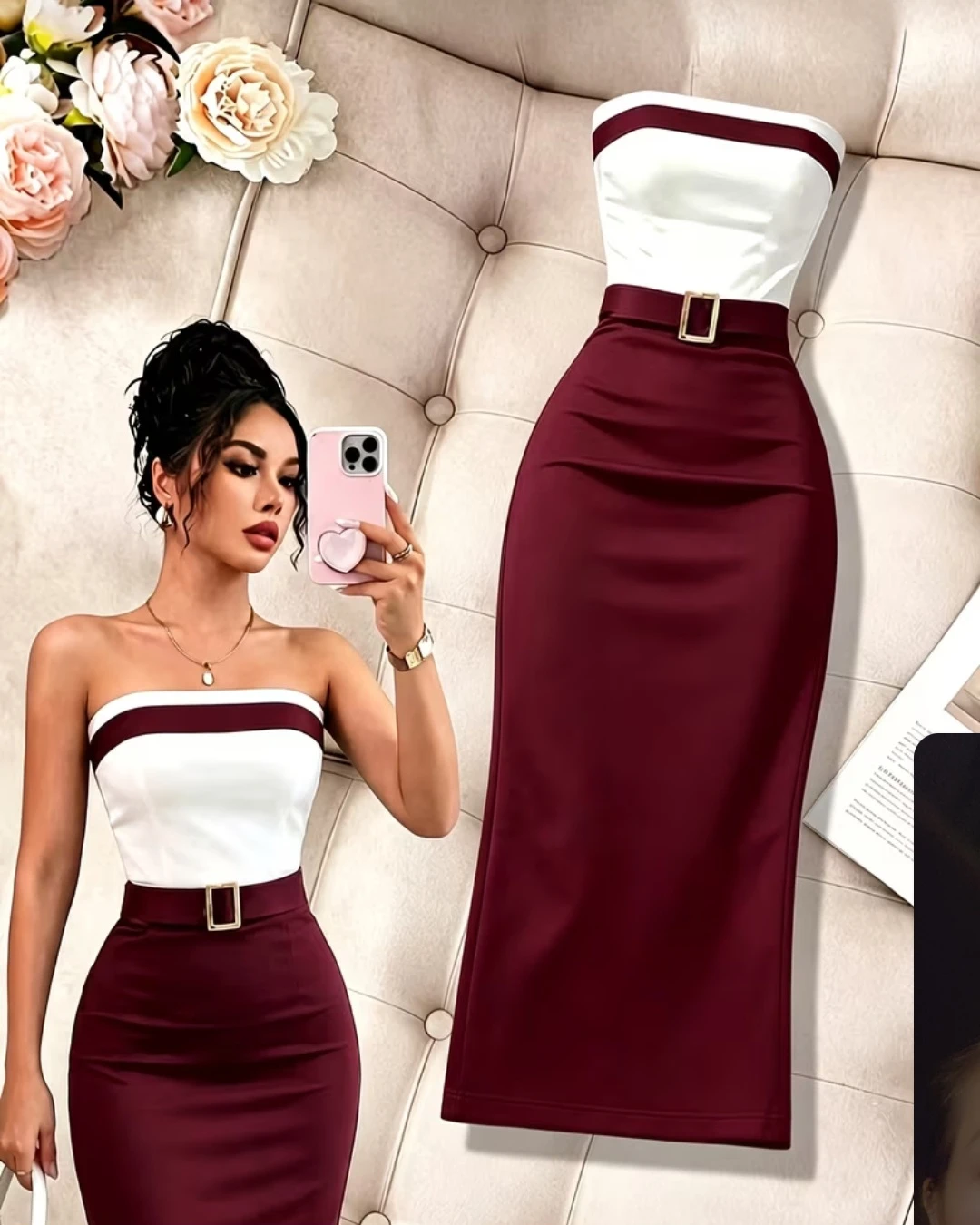 Two-tone strapless midi dress