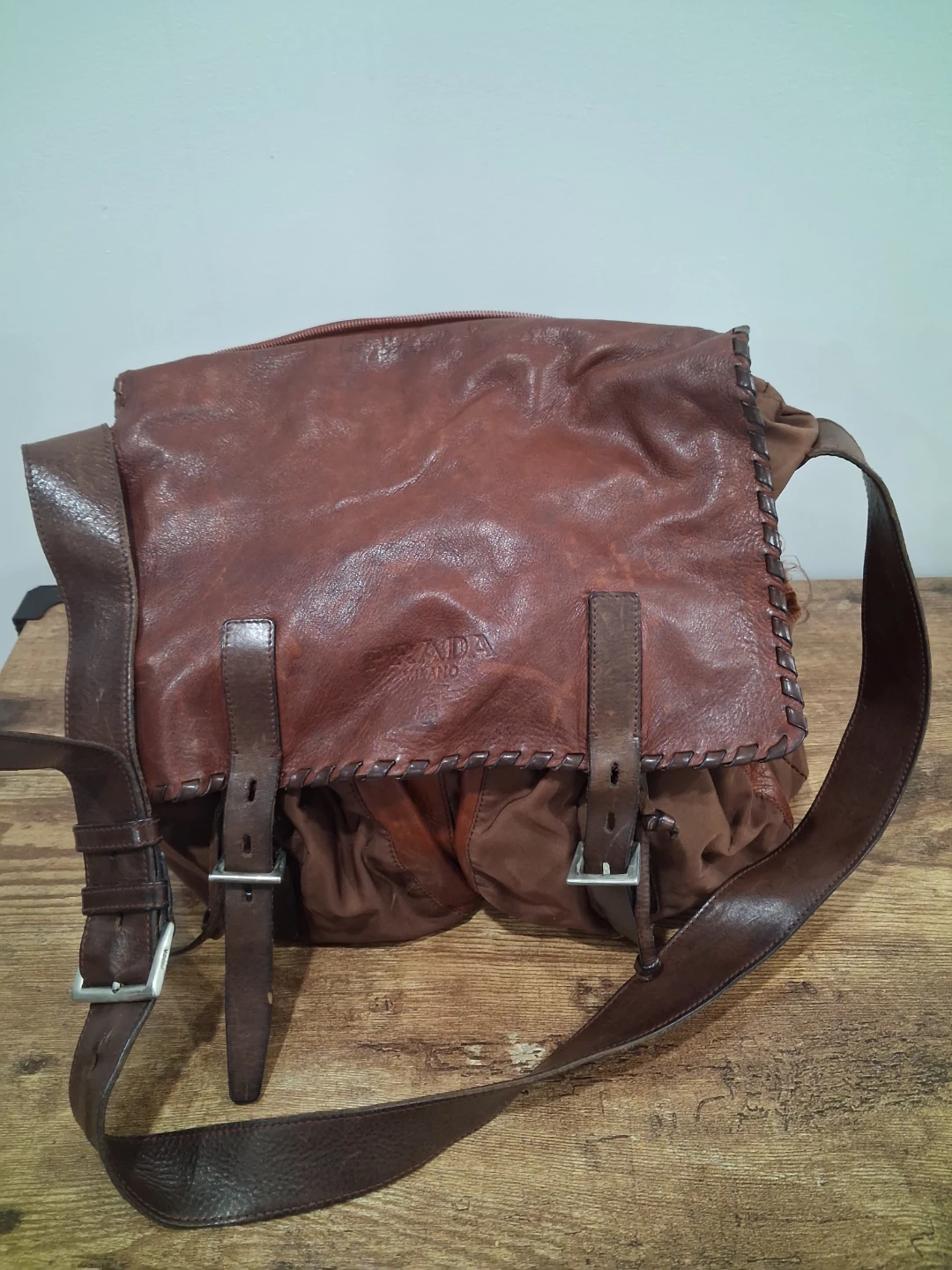Prada Brown Leather and Nylon Messenger Bag