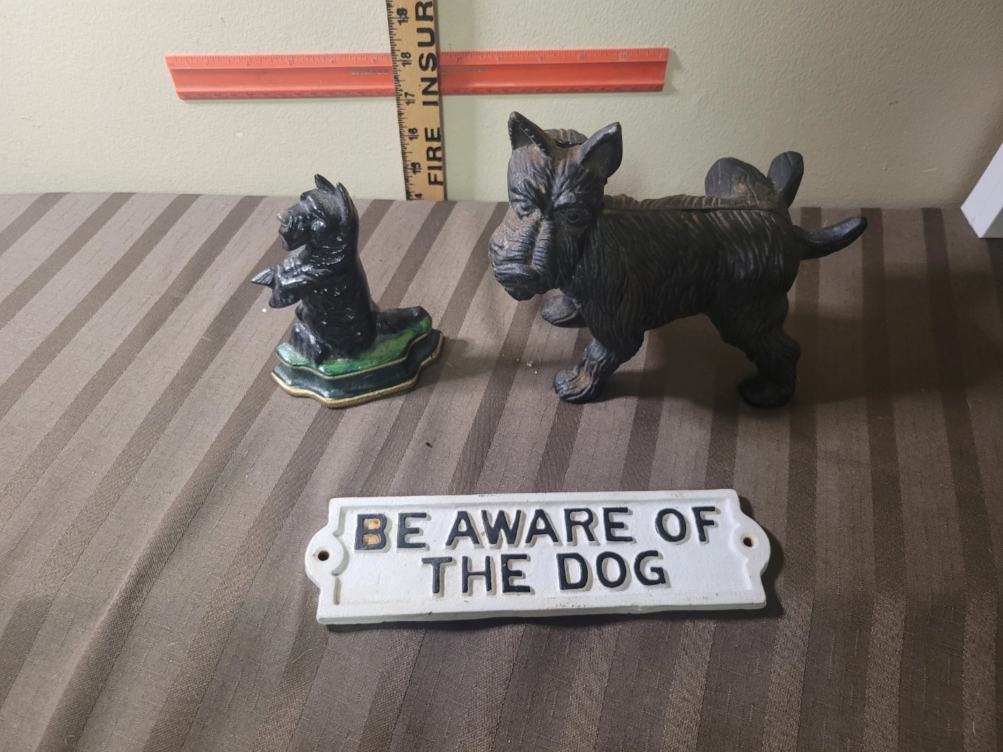 3 Vintage Cast Iron Scottie Dog Figurines and Sign