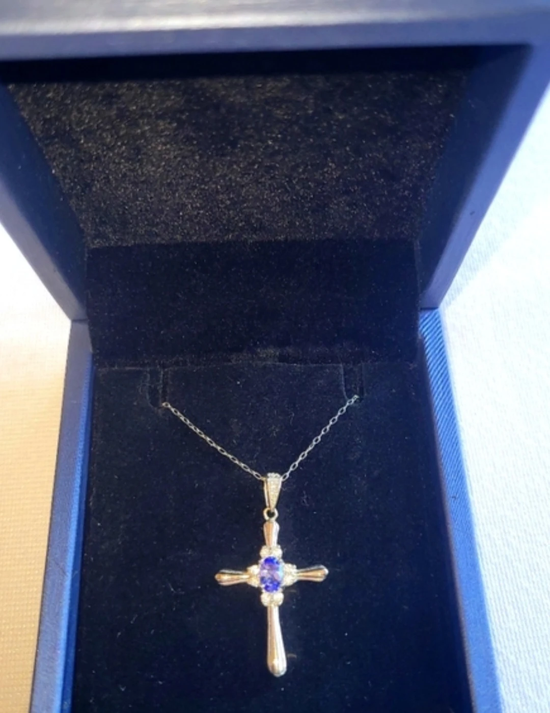 Sterling Silver Blue Stone Cross Necklace