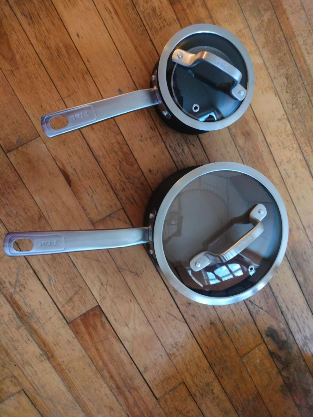 New T-fal Non-Stick Pans Set with Glass Lids (2 Pots + 2 Lids)