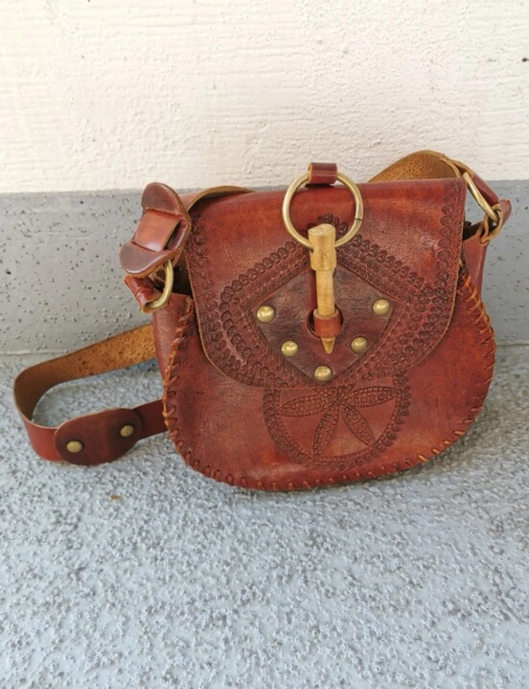 Vintage Tooled Leather Crossbody Bag Brass & Wood Toggle Boho