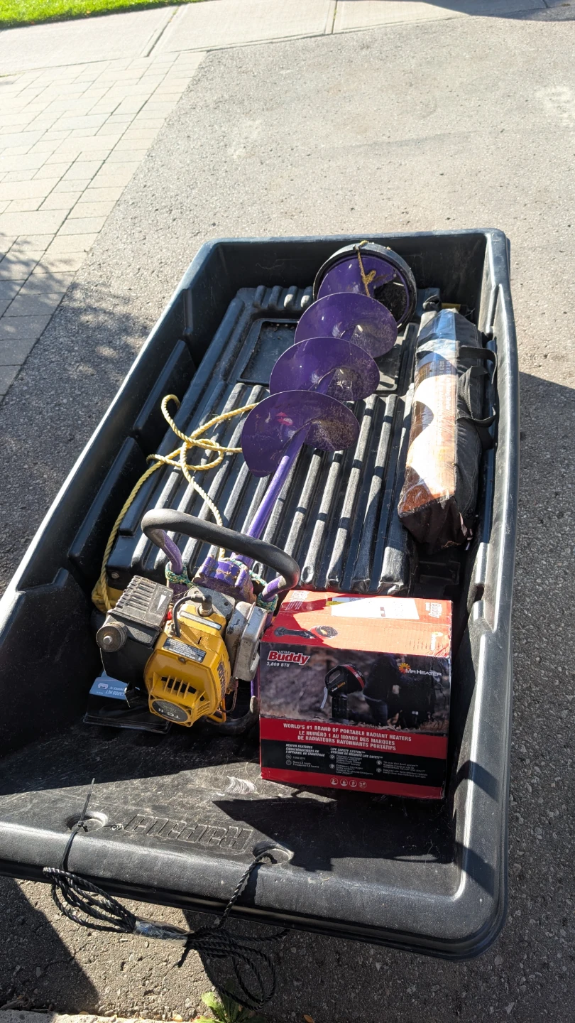 Ice Fishing Gear Bundle: Auger, Sled, Heater, and Shelter