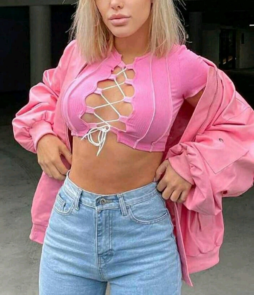 NEW! Pretty Pink & White Lace Up Crop Top - photo 2