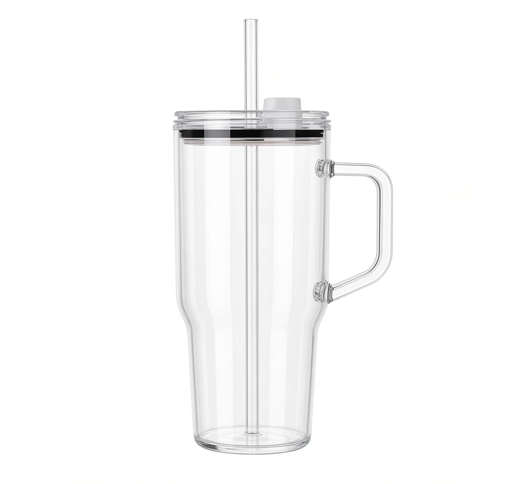 Clear Glass Tumbler with Handle and Straw - photo 2
