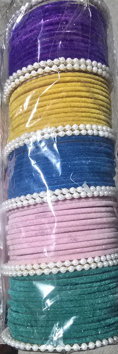 Set of Multi-Coloured Velvet Bangles with Pearl Detail