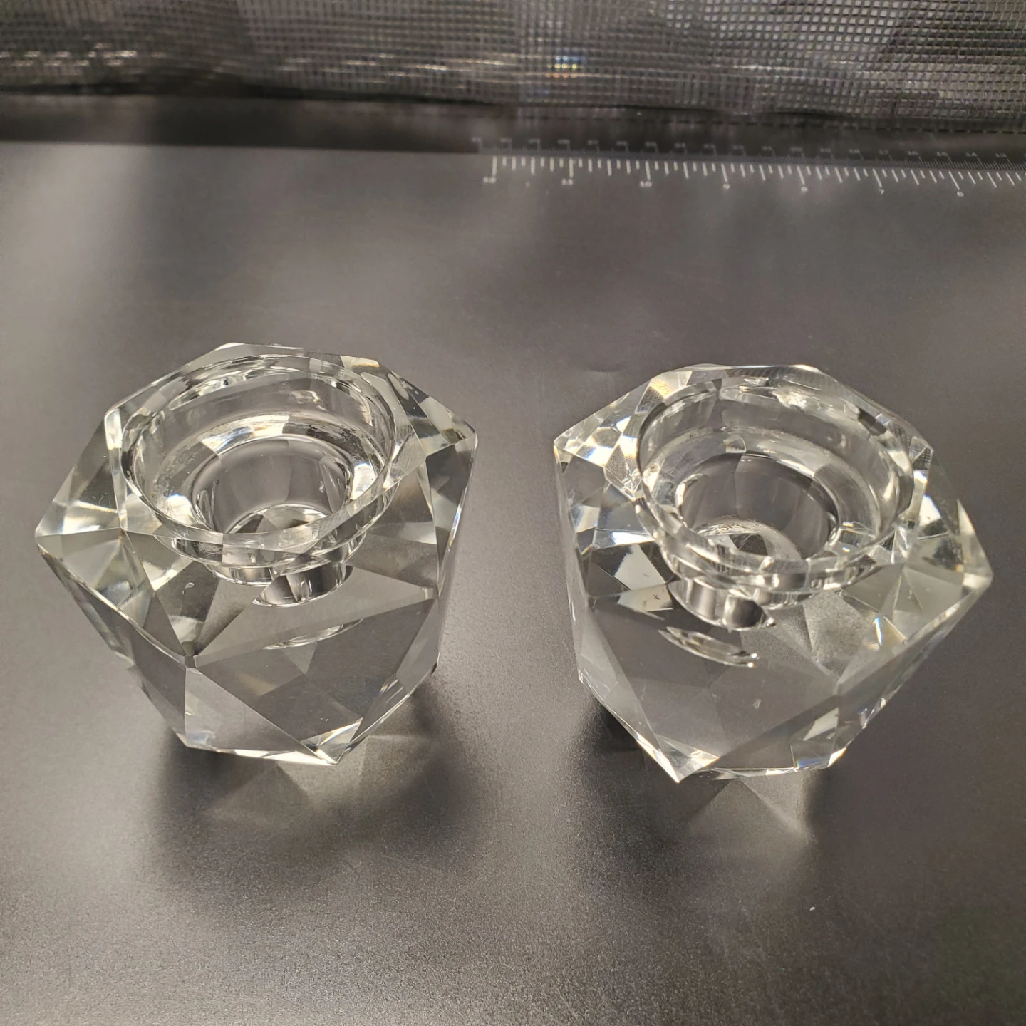 Set of 2 faceted crystal glass tea light holders