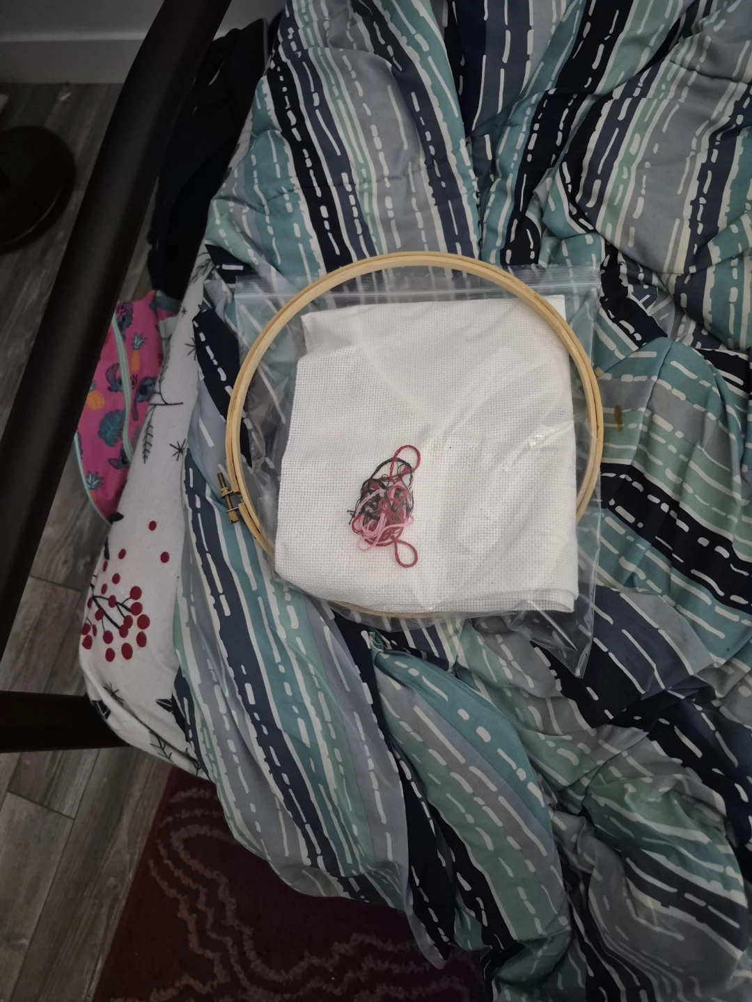 Cross-stitch embroidery kit with wooden hoop