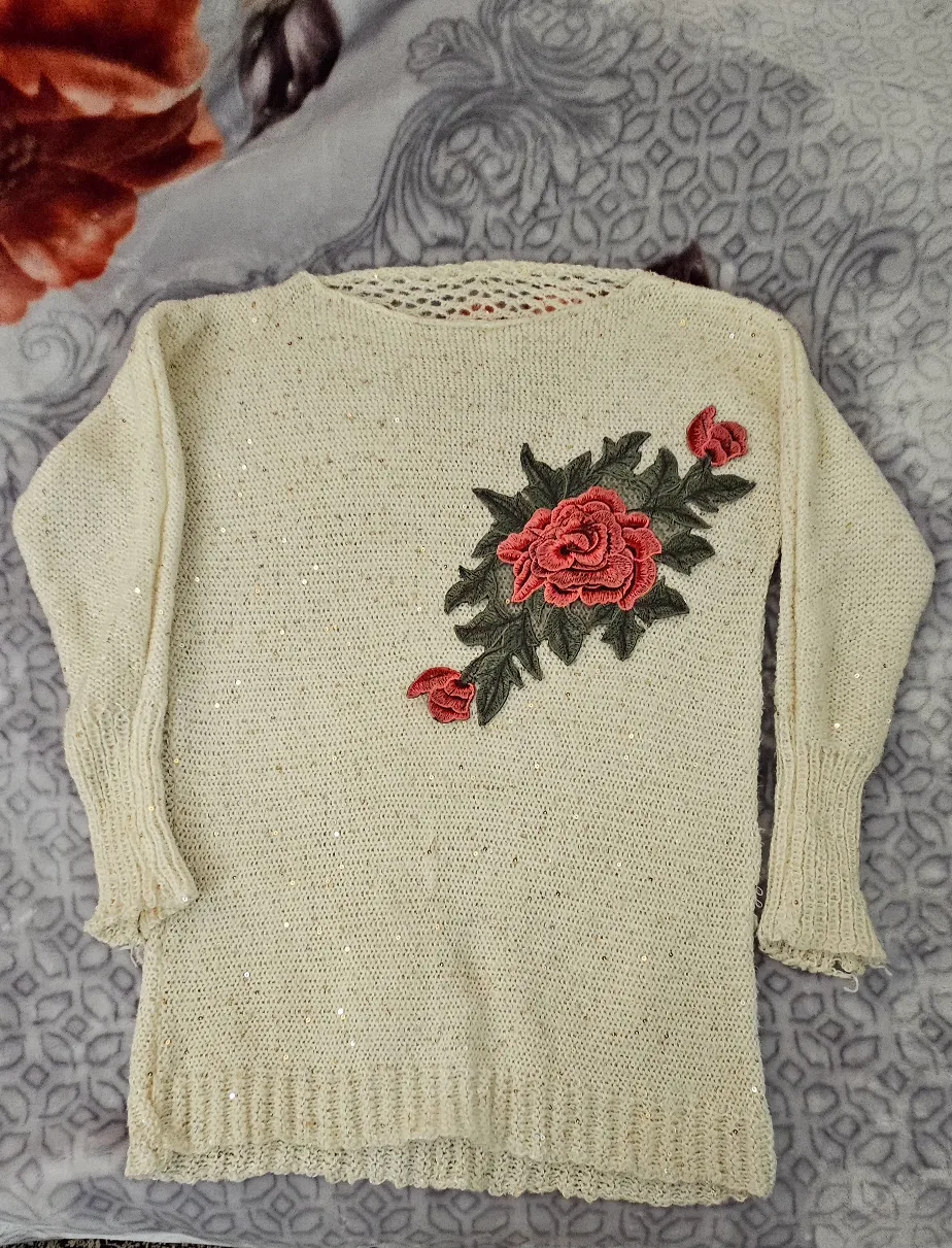 Crochet Knit Sweater with Floral Applique thumbnail