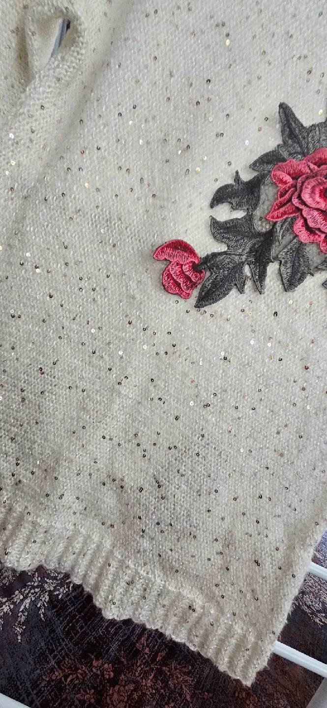 Crochet Knit Sweater with Floral Applique image indicator(2)