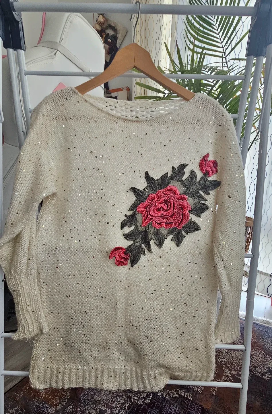 Crochet Knit Sweater with Floral Applique