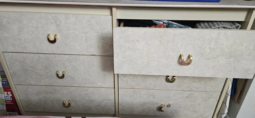 Marble-Look Dresser with Gold Handles and Marble-look Nightstand image indicator(2)