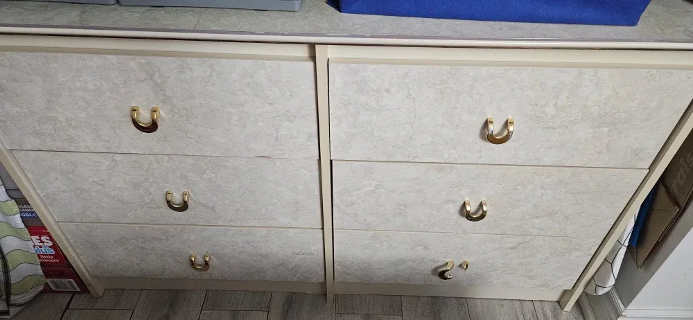 Marble-Look Dresser with Gold Handles and Marble-look Nightstand