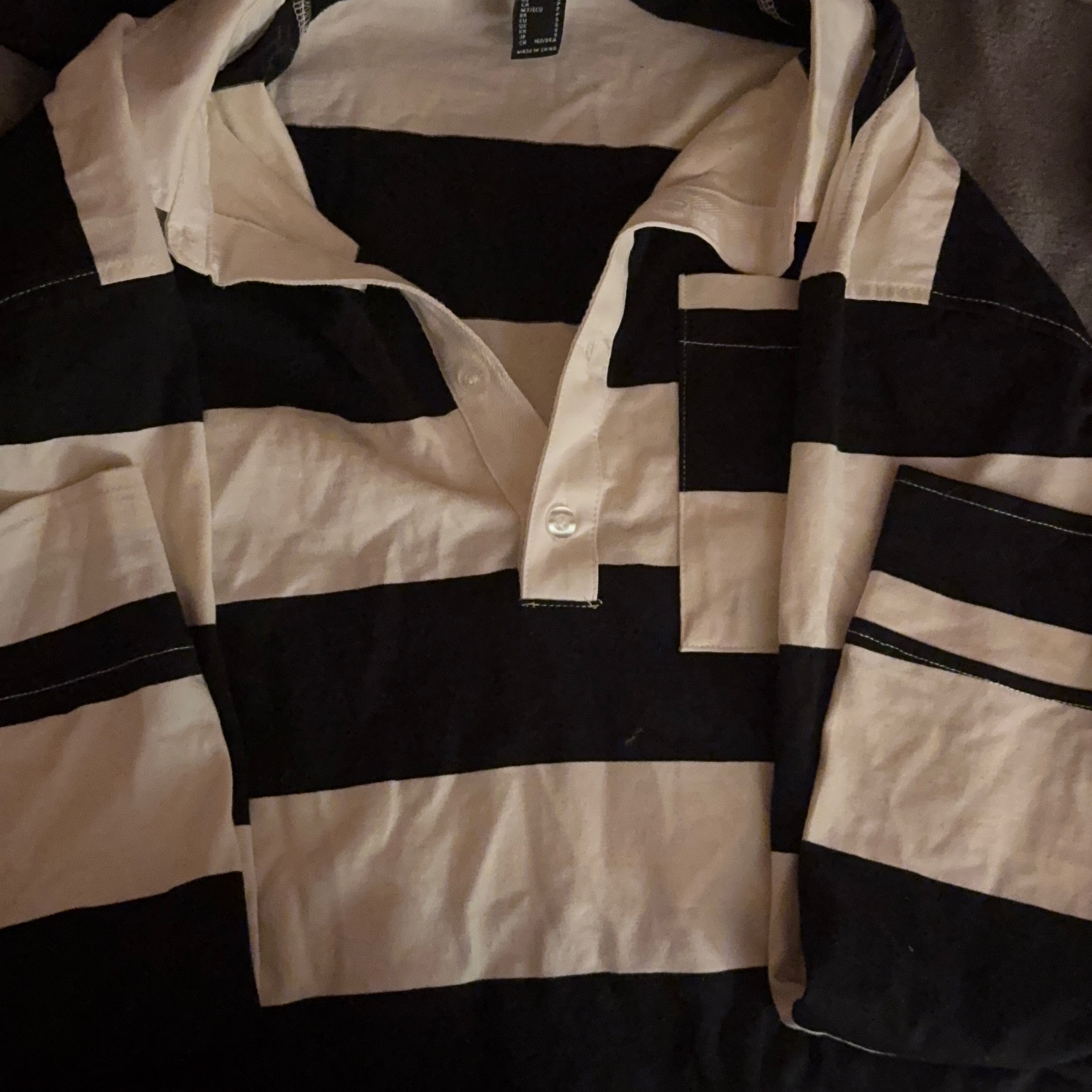 Forever 21 Black and White Striped Polo Shirt thumbnail