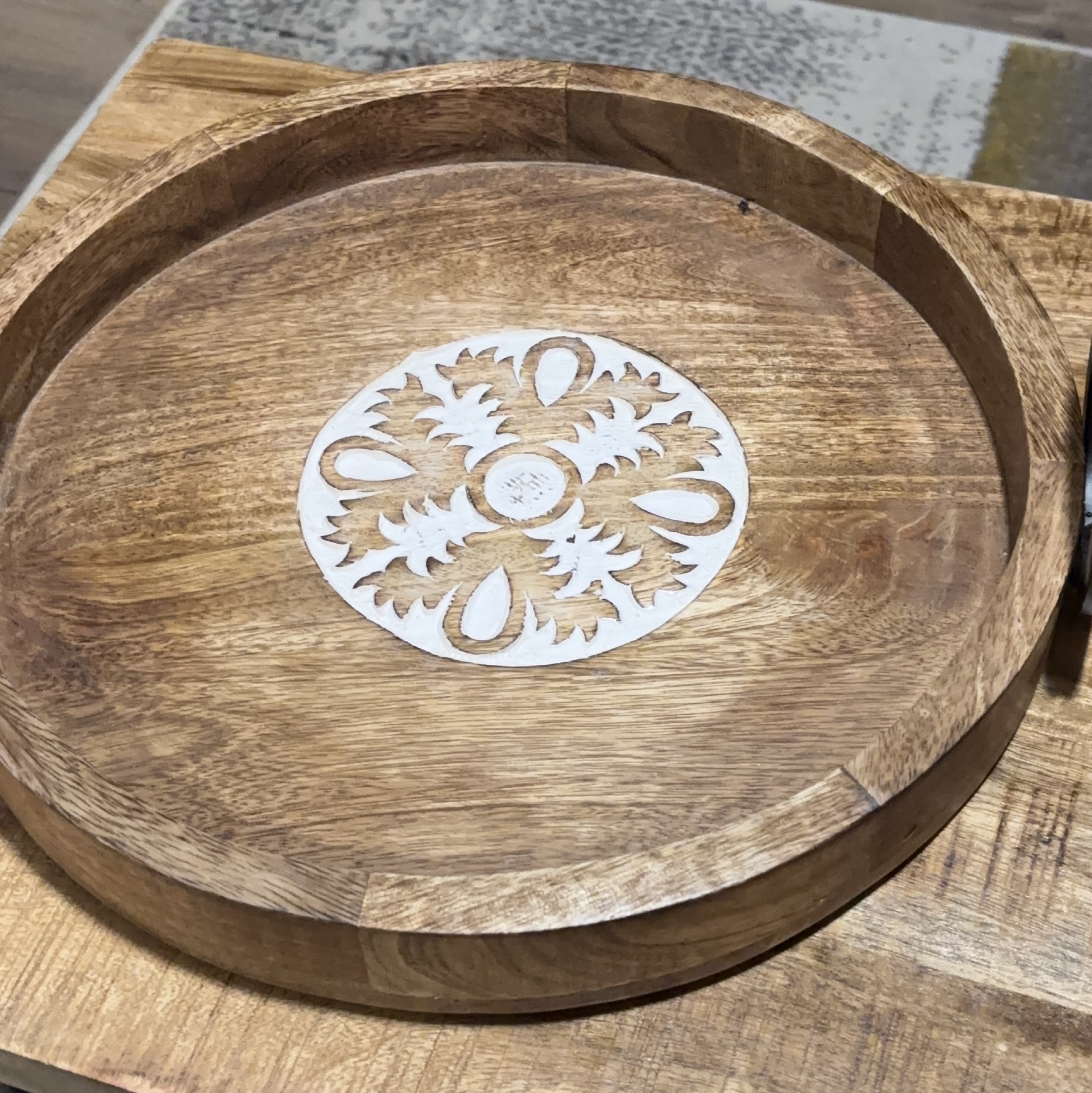 Wooden Round Serving Tray with Floral Design