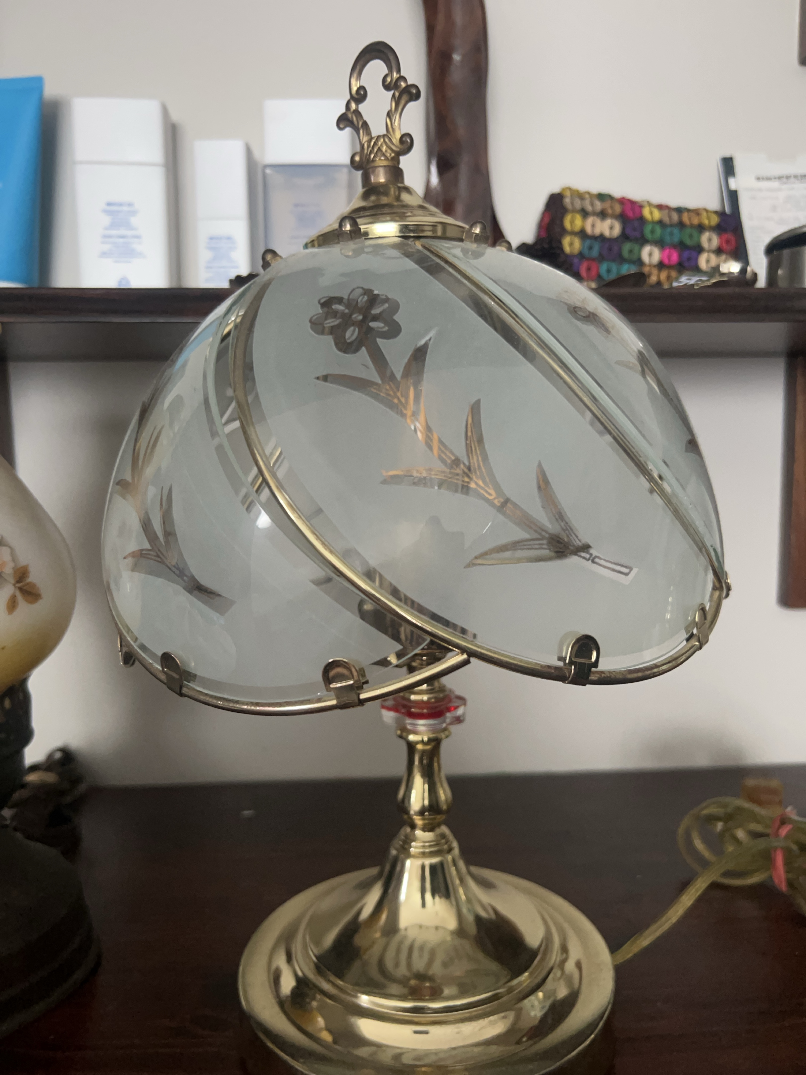 Brass Table Lamp with Floral Glass Shade thumbnail