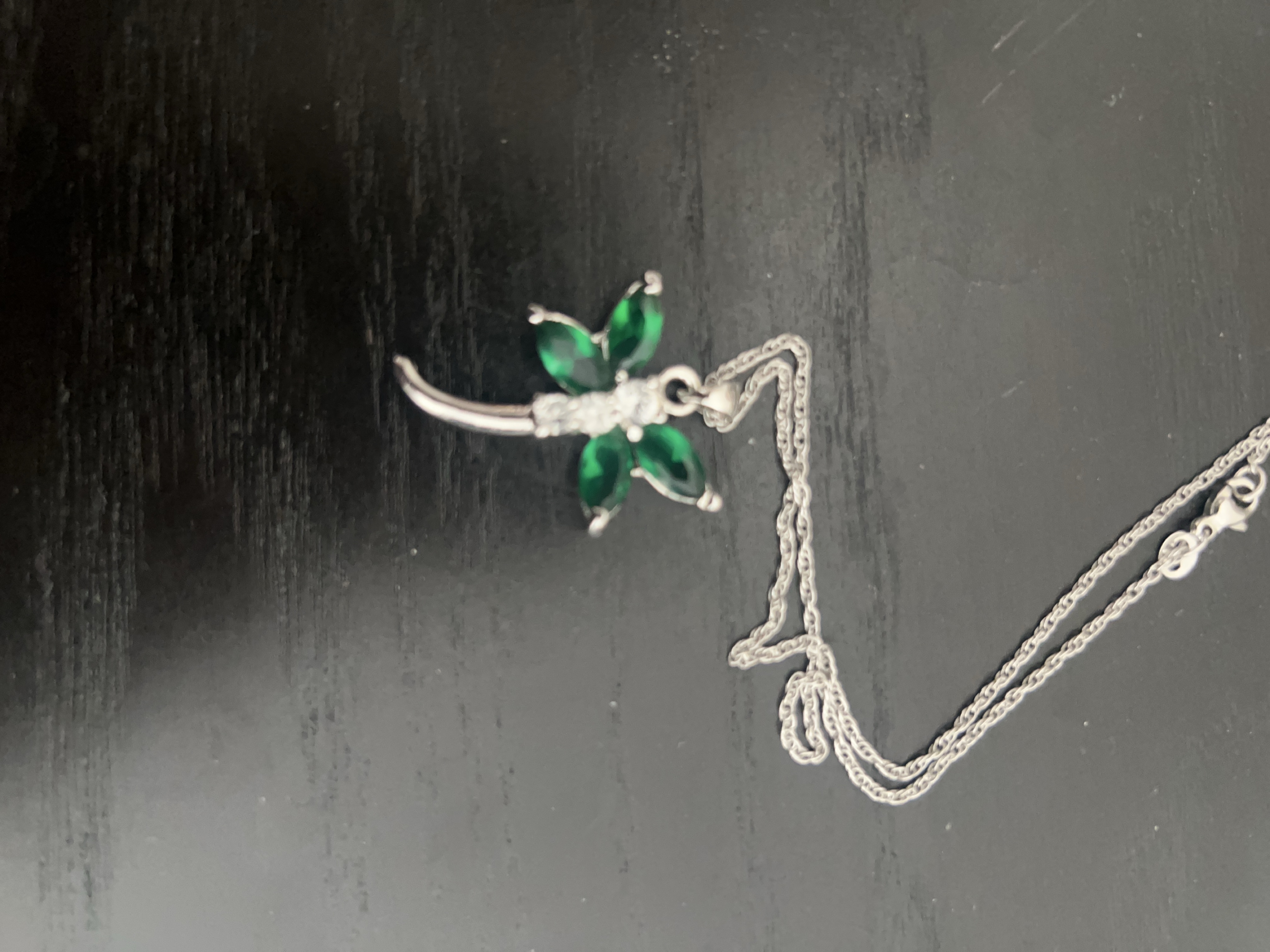Silver dragonfly necklace with green gems thumbnail