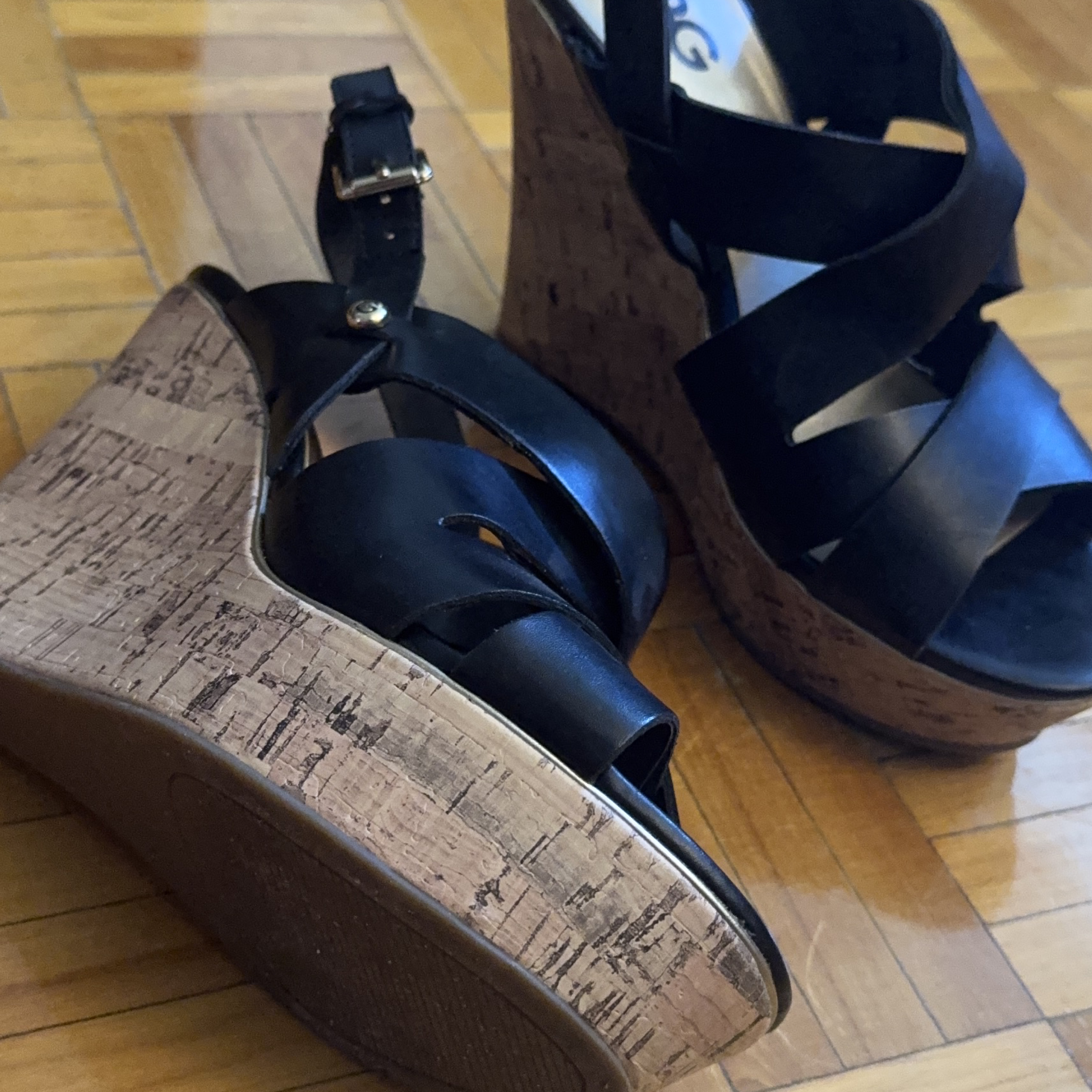 Black Leather Wedge Sandals thumbnail